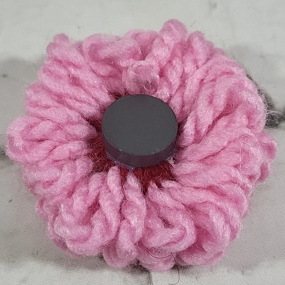 Vintage Handmade Chrochet Flower Fridge Magnets Lot Of 3 Pink Green Cottagecore